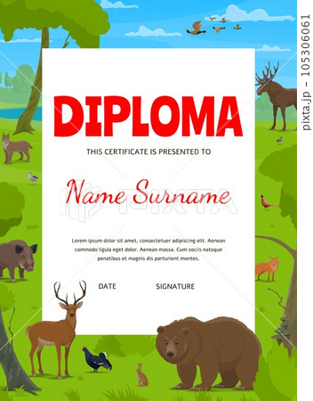 Hunter or conservationist diploma. Cartoon forest animals and birds. Vector award or trophy certificate with Pheasant, black grouse, ducks, fox and moose with rabbit. Bear, deer, boar and lynx border Hunter or conservationist diploma. Cartoon forest animals and birds. Vector award or trophy certificate with Pheasant, black grouse, ducks, fox and moose with rabbit. Bear, deer, boar and lynx border 105306061