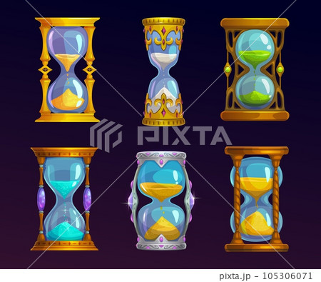 Magic sand glass clocks. Isolated sandglass, hourglass. Vector magical vintage glossy watches with transparent bulbs and golden sparkling grains countdown hours and minutes, game ui or gui elements Magic sand glass clocks. Isolated sandglass, hourglass. Vector magical vintage glossy watches with transparent bulbs and golden sparkling grains countdown hours and minutes, game ui or gui elements 105306071