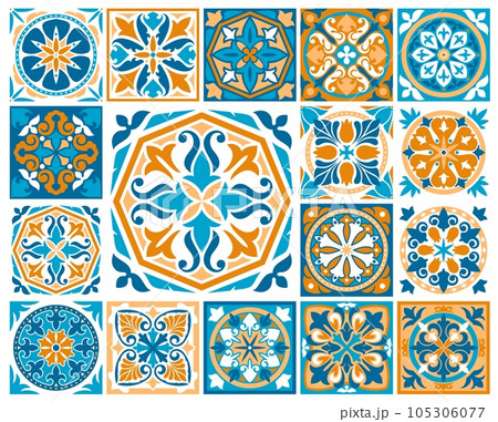 Moroccan and azulejo tile patterns. Majolica, talavera ornaments, flower and leaf ceramic mosaic. Vector portuguese, spanish or mexican tiles for wall and floor with arabesque pattern and floral motif 105306077