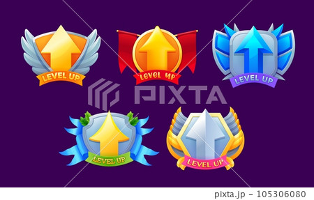 Game level up badges and win icons. Vector bonuses, rank reward emblems set with golden and silver raising arrows, wings and shield. Winner evaluation ui or gui app user interface, rating achievement Game level up badges and win icons. Vector bonuses, rank reward emblems set with golden and silver raising arrows, wings and shield. Winner evaluation ui or gui app user interface, rating achievement 105306080