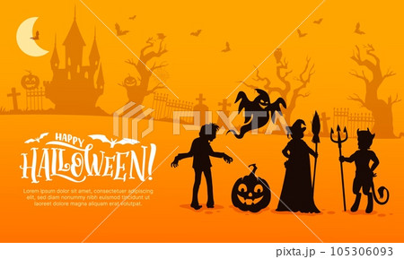 Halloween silhouettes and dark castle cemetery landscape. Vector greeting card with eerie characters, witch with broom, devil, ghost and zombie with pumpkin on graveyard with bats and trees at night 105306093