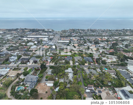 Aerial view of Del Mar coastline and beach, San Diego County, California, USA. Aerial view of Del Mar coastline and beach, San Diego County, California, USA. 105306808