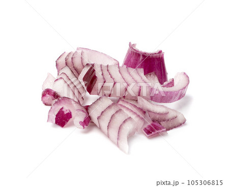 Red Onion Cuts Isolated, Chopped Purple Onion, Raw Purple Onion Pieces on White 105306815
