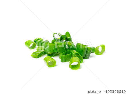 Green Onion Cuts Isolated, Scattered Fresh Chive Pile, Chopped Green Leek, Scallion Greens Pieces Chopped 105306819