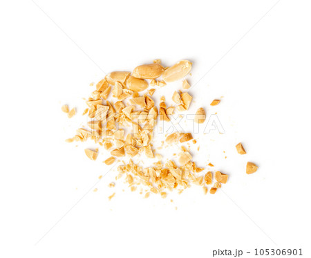 Crumbled Peanuts Isolated, Broken Roasted Arachis Nuts, Heap of Pea Nut Crumbs, Whole Groundnut Pieces 105306901