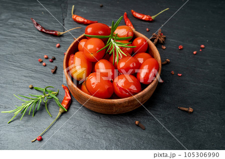 Pickled Cherry Tomatoes Isolated, Canned Small Tomato, Healthy Fermented Vegetables, Salted Marinated Food Pickled Cherry Tomatoes Isolated, Canned Small Tomato, Healthy Fermented Vegetables, Salted Marinated Food 105306990