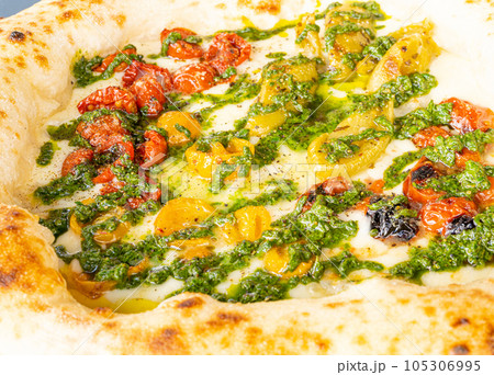 Pizza Filling Texture Background, Pepperoni Pizza with Different Tomatoes Closeup, Traditional Italian Flatbread Pizza Filling Texture Background, Pepperoni Pizza with Different Tomatoes Closeup, Traditional Italian Flatbread 105306995