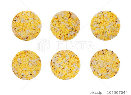 Puffed Corn Cake Isolated, Corn Diet Bread with Fragrant Herbs and Spices, Waffle with Corns, Rice, Cereal Snack Puffed Corn Cake Isolated, Corn Diet Bread with Fragrant Herbs and Spices, Waffle with Corns, Rice, Cereal Snack 105307044