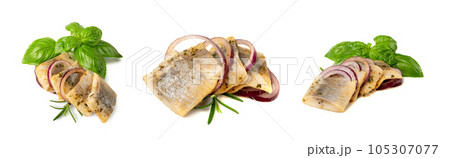 Salted Herring Fillet Isolated, Raw Pickled Fish Meat, Marinated Herring on White Background Salted Herring Fillet Isolated, Raw Pickled Fish Meat, Marinated Herring on White Background 105307077