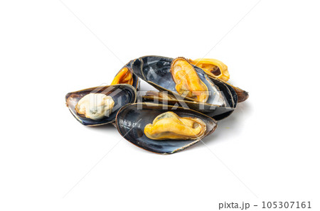 Mussels Pile Isolated, Unshelled Clams, Peeled Mussels, Open Shellfish, Seafood on White Background Mussels Pile Isolated, Unshelled Clams, Peeled Mussels, Open Shellfish, Seafood on White Background 105307161