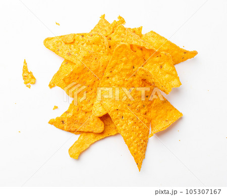 Nachos Chips Isolated, Mexican Triangle Corn Chips for Nacho Tortilla, Maize Snack, Nachos on White Background 105307167