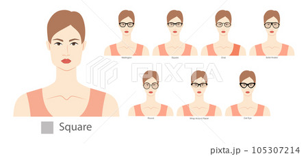 Set of types of glasses for Women square type face fashion accessory illustration. Sunglass front view unisex silhouette 105307214