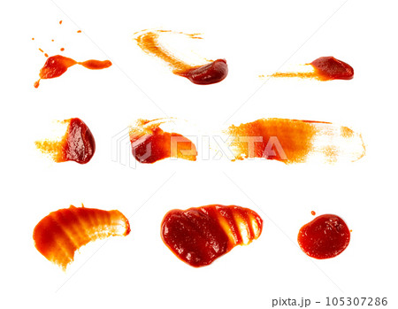 Ketchup Drop Isolated, Tomato Sauce Splash, Catsup Stain, Hot Puree Spill, Red Dressing Dripping Collection 105307286