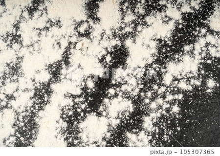 Flour Texture Background, Wheat Flour Pattern with Copy Space, Bakery Banner Mockup, Black Table Plate 105307365