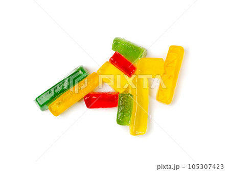 Rainbow Gummy Candy Pile Isolated, Sour Jelly Candies Strips in Sugar Sprinkle, Colorful Striped Marmalade 105307423