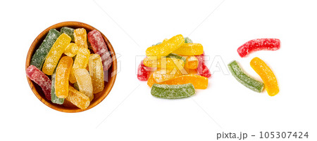 Gummy Candy Pile Isolated, Chewing Colorful Marmalade Sticks, Jelly French Fries Heap, Gelatin Candies 105307424