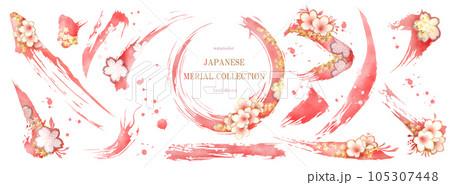 桜と筆書きの和風素材集 105307448