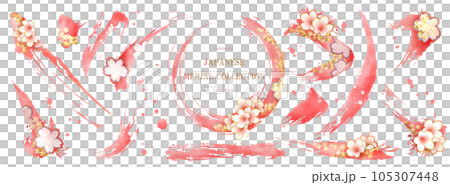 桜と筆書きの和風素材集 105307448