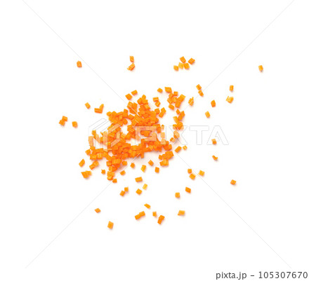 Fresh Diced Carrot, Raw Carrot Cubes Closeup, Chopped Orange Root Vegetable, Diced Carrots Pile 105307670