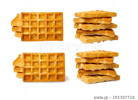Belgian Waffle Isolated, Square Waffled Cookie, Soft Golden Belgian Waffles, Wafer Biscuit Breakfast 105307718
