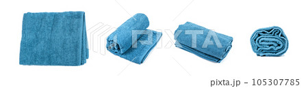Rolled Blue Towel Isolated. New Terry Cotton Towel, Soft Washcloth Rolled Blue Towel Isolated. New Terry Cotton Towel, Soft Washcloth 105307785