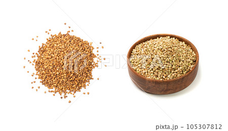 Raw Buckwheat Pile Isolated, Dry Buck Wheat Grains, Russian Kasha Heap, Uncooked Buckwheat Cut Out Raw Buckwheat Pile Isolated, Dry Buck Wheat Grains, Russian Kasha Heap, Uncooked Buckwheat Cut Out 105307812