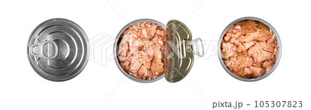 Canned Tuna Isolated, Albacore Fish Chunks in Open Tin Can, Tuna Oil Preserve, Seafood Conserve Canned Tuna Isolated, Albacore Fish Chunks in Open Tin Can, Tuna Oil Preserve, Seafood Conserve 105307823