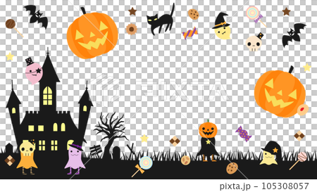 Halloween card studded with ghosts and sweets, aspect ratio 16:9 version 105308057
