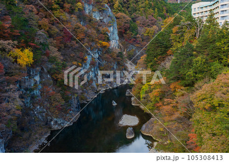 栃木日光市　紅葉の鬼怒川温泉　鬼怒楯岩大吊橋からの眺望 105308413
