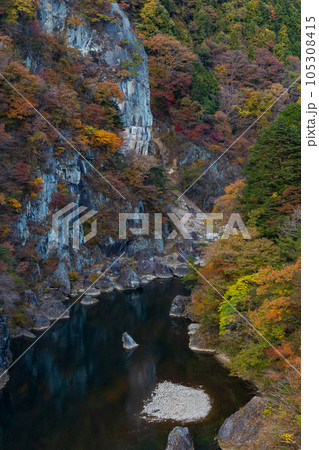 栃木日光市 紅葉の鬼怒川温泉 鬼怒楯岩大吊橋からの眺望 栃木日光市 紅葉の鬼怒川温泉 鬼怒楯岩大吊橋からの眺望 105308415