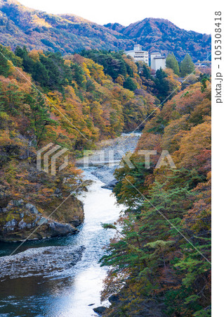 栃木日光市 紅葉の鬼怒川温泉 鬼怒楯岩大吊橋からの眺望 栃木日光市 紅葉の鬼怒川温泉 鬼怒楯岩大吊橋からの眺望 105308418
