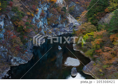 栃木日光市　紅葉の鬼怒川温泉　鬼怒楯岩大吊橋からの眺望 105308421