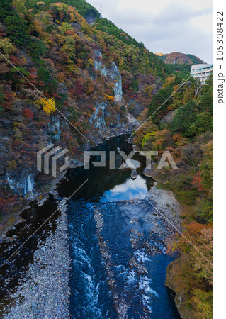 栃木日光市　紅葉の鬼怒川温泉　鬼怒楯岩大吊橋からの眺望 105308422