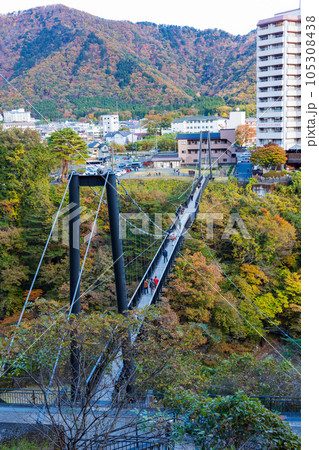 栃木日光市　紅葉の鬼怒川温泉　鬼怒楯岩大吊橋 105308438