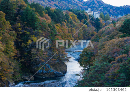 栃木日光市　紅葉の鬼怒川温泉　鬼怒楯岩大吊橋からの眺望 105308462