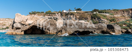 View of coastline in southern Italy. Scenic view from the boat on sunny summer day. Calabria, Scilla shore 105308475