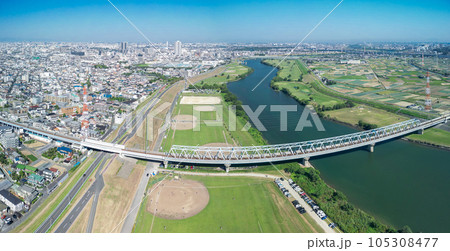 「千葉県」ドローンで矢切付近を望む 松戸市 「千葉県」ドローンで矢切付近を望む 松戸市 105308477