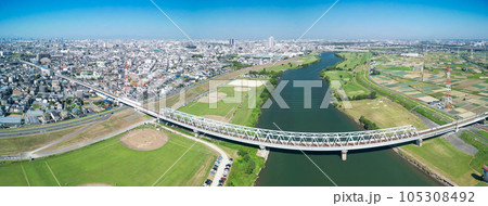 「千葉県」ドローンで矢切付近を望む　松戸市 105308492