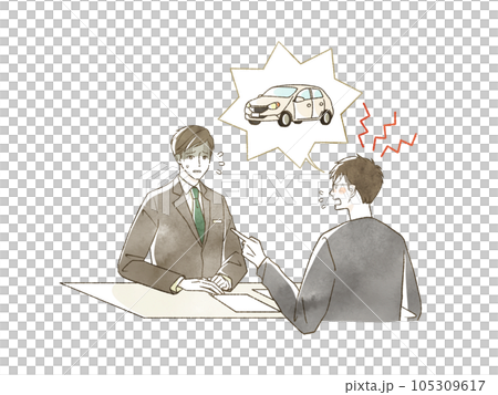 A man complaining about a car to a man in a suit A man complaining about a car to a man in a suit 105309617