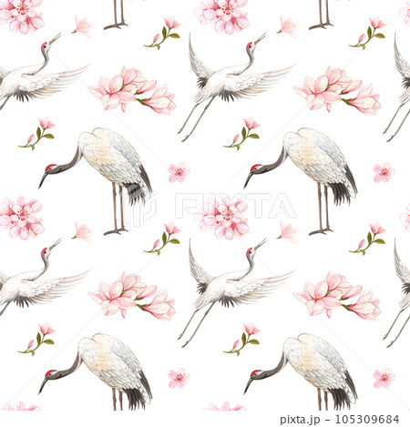 Crane and chinese art watercolor pattern seamless png 105309684