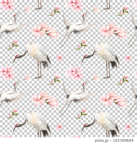 Crane and chinese art watercolor pattern seamless png 105309684