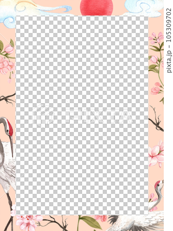Crane and chinese art watercolor frame png 105309702