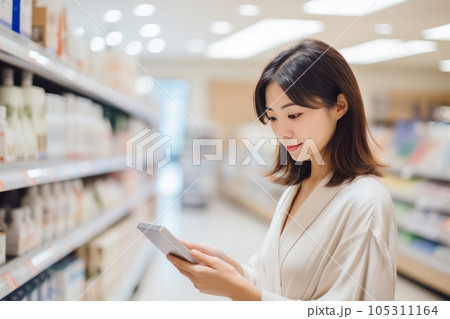 スマホを見ながら買い物をする女性　AI生成画像　AI画像 105311164
