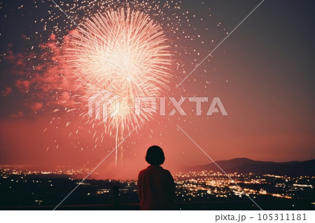 打ち上げ花火を眺める女性　AI生成画像　AI画像 105311181