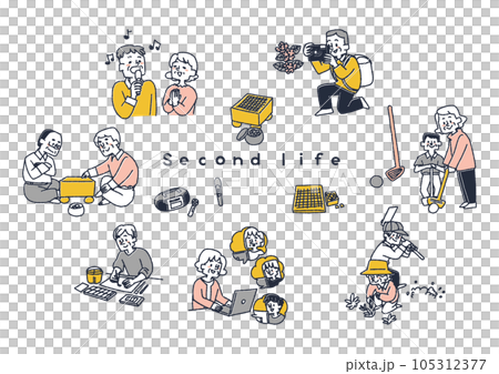 高齢者たちの娯楽、楽しいセカンドライフのイラストセット 105312377