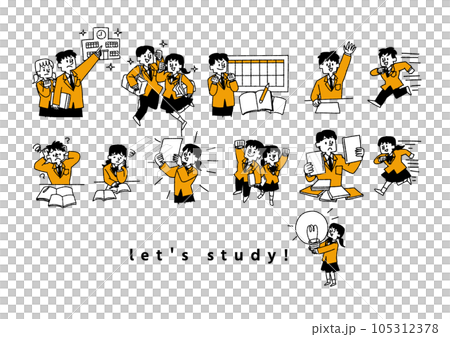 成績向上を目指して勉強している学生の男女のイラストセット 成績向上を目指して勉強している学生の男女のイラストセット 105312378
