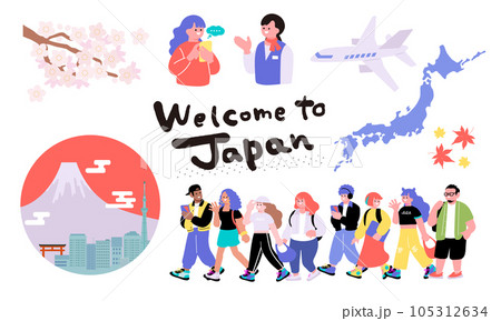 インバウンド需要、訪日観光客をイメージする人々のイラストセット 105312634