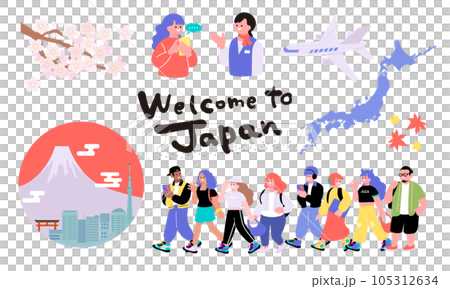 インバウンド需要、訪日観光客をイメージする人々のイラストセット 105312634