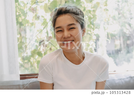 Cute shy girl on a date in the coffee cafe. 105313428