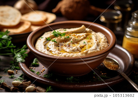 Baba ghanouj on a marble background. generative ai Baba ghanouj on a marble background. generative ai 105313602